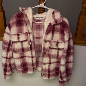 No Boundaries Pink and Cream Plaid Sherpa Jacket